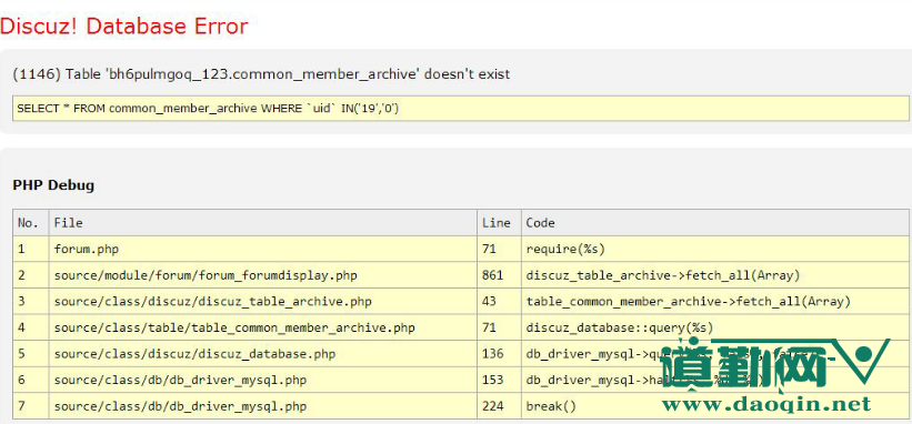 DISCUZվʾ(1146) TABLE COMMON_MEMBER_MRCHIVE DOESNT EXIST...